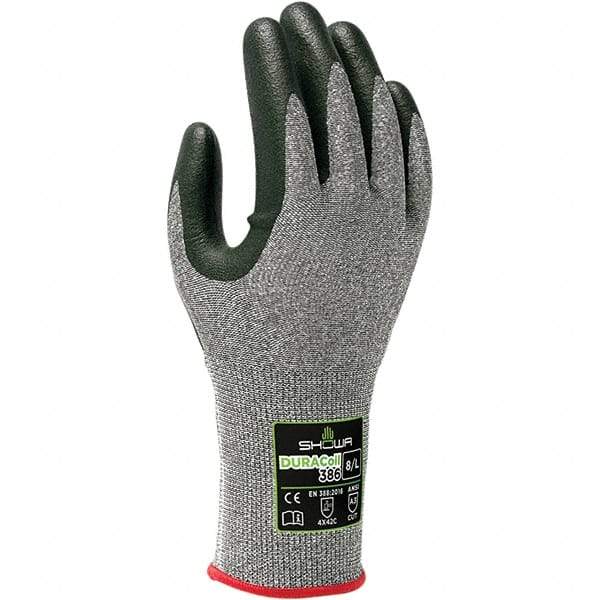 SHOWA - Size XL (9), ANSI Cut Lvl A3, Puncture Lvl 2, Abrasion Lvl 4, Micro-Foam Nitrile Coated ATA/HPPE Blend Cut & Puncture Resistant Gloves - Palm & Fingers Coated, DURACoil Lining, Knit Wrist, Gray/Black, Paired - Benchmark Tooling