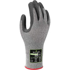 SHOWA - Size L (8), ANSI Cut Lvl A3, Puncture Lvl 2, Abrasion Lvl 2, Latex Coated ATA/HPPE Blend Cut & Puncture Resistant Gloves - Palm & Fingers Coated, DURACoil Lining, Knit Wrist, Gray/Black, Paired - Benchmark Tooling