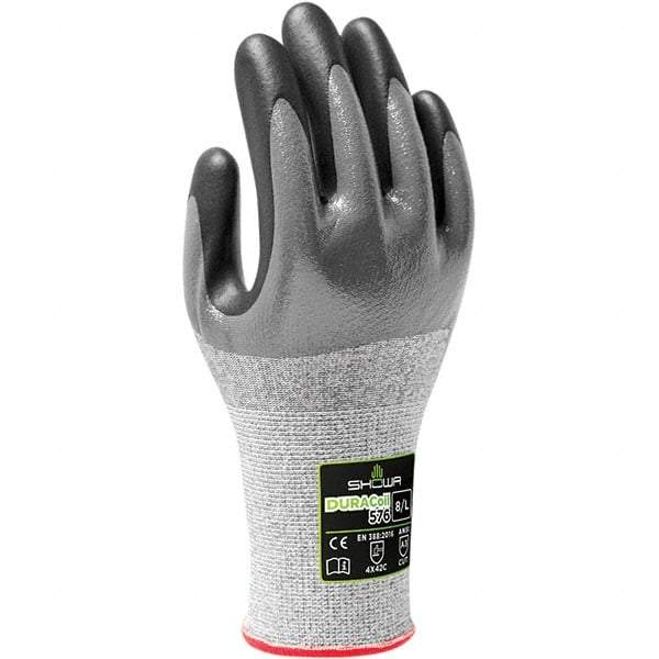 SHOWA - Size L (8), ANSI Cut Lvl A3, Puncture Lvl 2, Abrasion Lvl 4, Nitrile Coated ATA/HPPE Blend Cut & Puncture Resistant Gloves - Palm, Fingers & Knuckles Coated, DURACoil Lining, Knit Wrist, Gray, Paired - Benchmark Tooling