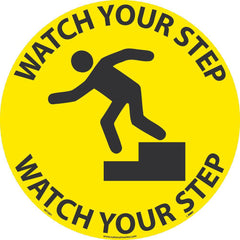 NMC - Adhesive Backed Floor Signs; Message Type: Accident Prevention ; Graphic Type: Falling Man ; Message or Graphic: Message & Graphic ; Legend: Watch Your Step ; Color: Yellow; Black ; Special Color Properties: No Special Properties - Exact Industrial Supply