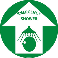 NMC - Adhesive Backed Floor Signs; Message Type: First Aid ; Graphic Type: Head under Shower in Up Arrow ; Message or Graphic: Message & Graphic ; Legend: Emergency Shower ; Color: Green; White ; Special Color Properties: No Special Properties - Exact Industrial Supply