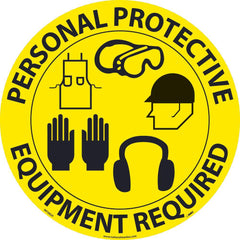 NMC - Adhesive Backed Floor Signs; Message Type: Accident Prevention ; Graphic Type: Ear Protection, Gloves, Goggles, Hard Hat, Safety Glasses ; Message or Graphic: Message & Graphic ; Legend: Personal Protective Equipment Required ; Color: Yellow; Black - Exact Industrial Supply