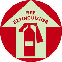 NMC - Adhesive Backed Floor Signs; Message Type: Fire ; Graphic Type: Fire Extinguisher in Up Arrow ; Message or Graphic: Message & Graphic ; Legend: Fire Extinguisher W/Arrow ; Color: Red on Glow ; Special Color Properties: Glow-In-The-Dark - Exact Industrial Supply