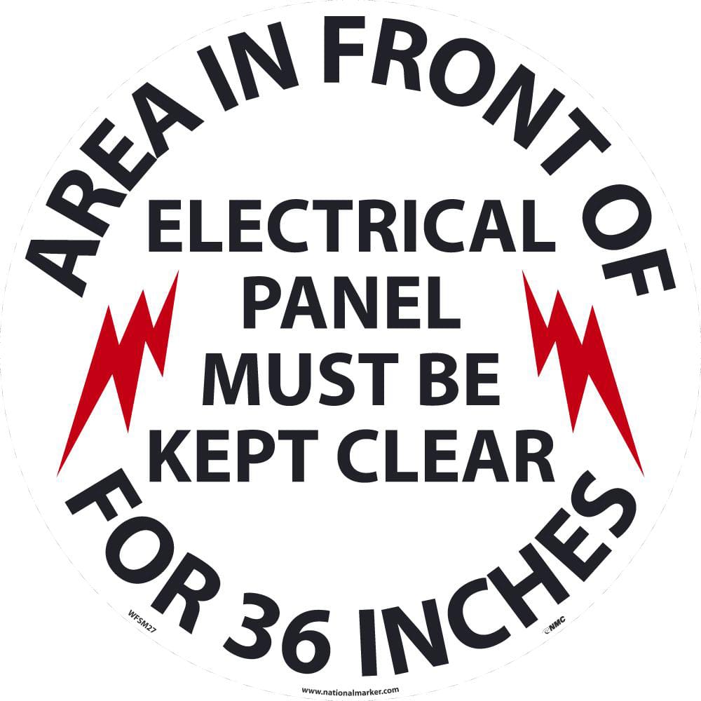 NMC - Adhesive Backed Floor Signs; Message Type: Accident Prevention ; Graphic Type: Arc Flash ; Message or Graphic: Message & Graphic ; Legend: Area In Front Of Electrical Panel Must Be Kept Clear for 36 Inches ; Color: Black; Red; White ; Special Color - Exact Industrial Supply