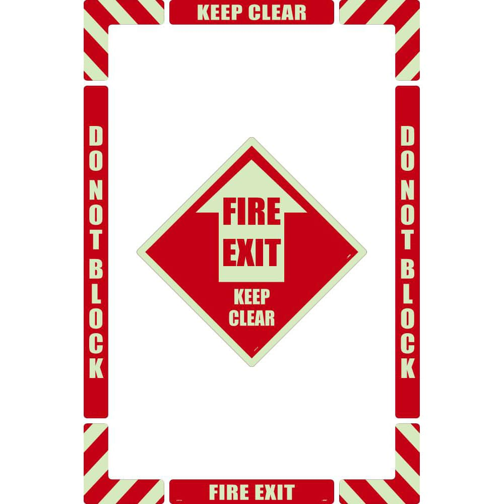 NMC - Adhesive Backed Floor Signs; Message Type: Accident Prevention ; Graphic Type: Arrow ; Message or Graphic: Message & Graphic ; Legend: Fire Exit Keep Clear ; Color: Red on Glow ; Special Color Properties: Glow-In-The-Dark - Exact Industrial Supply