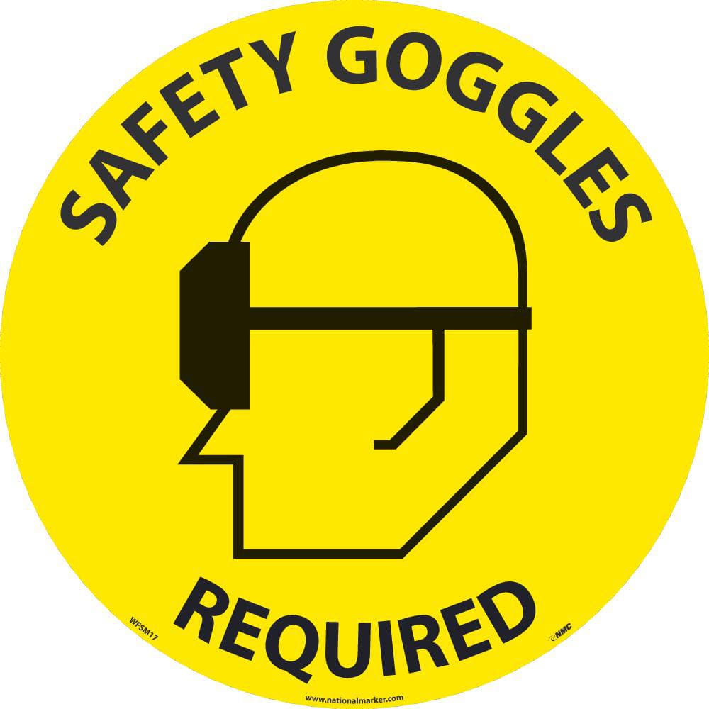 NMC - Adhesive Backed Floor Signs; Message Type: Accident Prevention ; Graphic Type: Head w/ Safety Glasses ; Message or Graphic: Message & Graphic ; Legend: Safety Goggles Required ; Color: Black; Yellow ; Special Color Properties: No Special Properties - Exact Industrial Supply