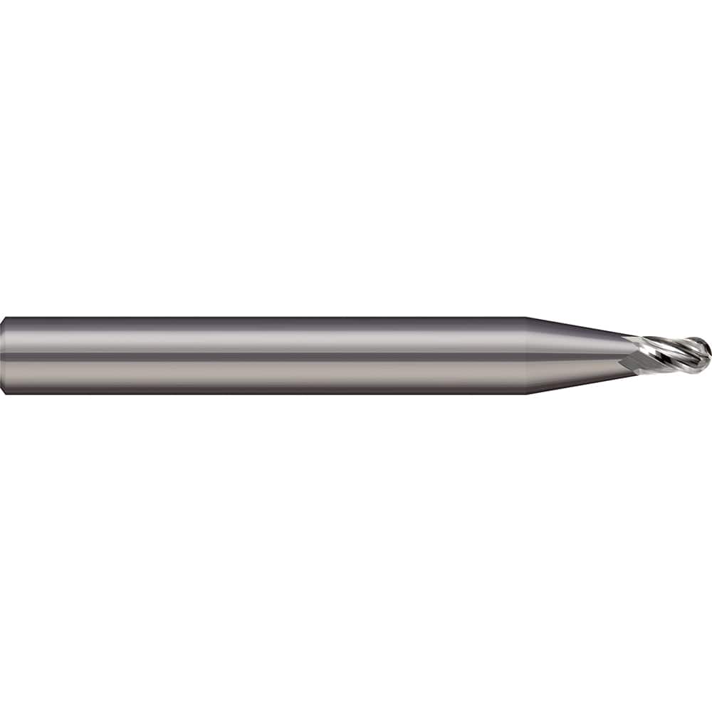 Ball End Mill: 0.075″ Dia, 0.113″ LOC, 3 Flute, Solid Carbide 1-1/2″ OAL, 1/8″ Shank Dia, 20 ° Helix, Uncoated, Single End