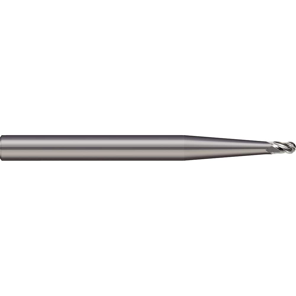 Ball End Mill: 0.026″ Dia, 0.078″ LOC, 2 Flute, Solid Carbide 1-1/2″ OAL, 1/8″ Shank Dia, 30 ° Helix, Uncoated, Single End