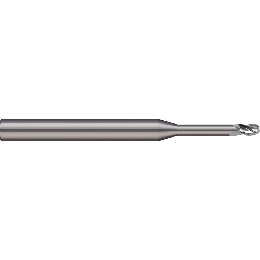 Micro 100 - Ball End Mills; Mill Diameter (Inch): 1/64 ; Mill Diameter (Decimal Inch): 0.0150 ; Number of Flutes: 3 ; Length of Cut (Decimal Inch): 0.0230 ; Material: Solid Carbide ; Overall Length (Inch): 1-1/2