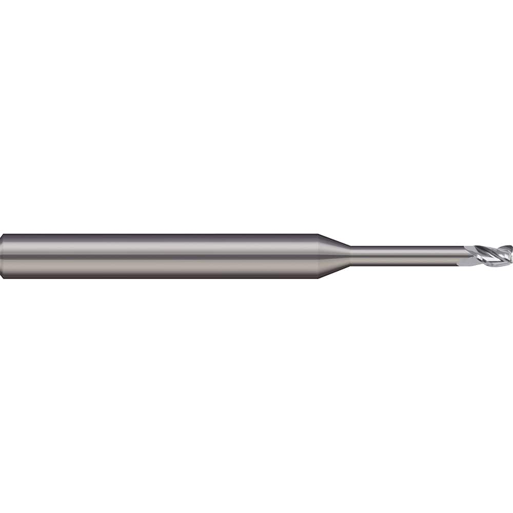 Corner Radius End Mill: 0.04″ Dia, 0.06″ LOC, 0.01″ Radius, 3 Flutes, Solid Carbide 1-1/2″ OAL, 1/8″ Shank Dia, 20 ° Helix, Bright/Uncoated, Corner Radius End