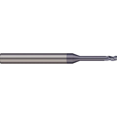 Corner Radius End Mill: 0.025″ Dia, 0.038″ LOC, 0.003″ Radius, 3 Flutes, Solid Carbide 1-1/2″ OAL, 1/8″ Shank Dia, 20 ° Helix, nACRo Coated, Corner Radius End