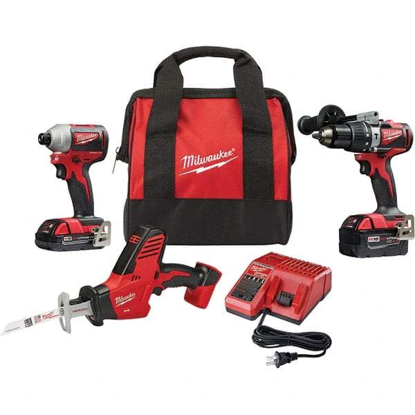 Milwaukee Tool - 18 Volt Cordless Tool Combination Kit - Includes Brushless Compact Hammer Drill, Brushless 1/4" Impact Driver & Hackzall Reciprocating Saw, Lithium-Ion Battery Included - Benchmark Tooling