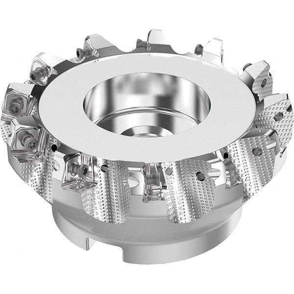 Seco - 125mm Cut Diam, 40mm Arbor Hole, 8mm Max Depth of Cut, 71° Indexable Chamfer & Angle Face Mill - 12 Inserts, SN.. Insert, Right Hand Cut, 12 Flutes, Through Coolant, Series R220.56 - Benchmark Tooling