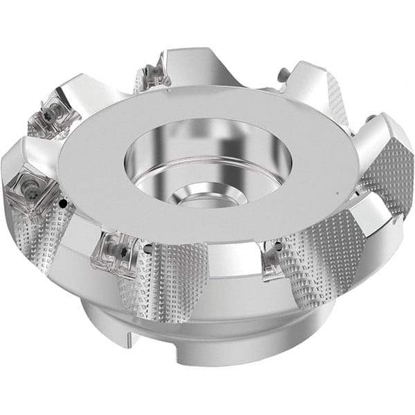 Seco - 5" Cut Diam, 1-1/2" Arbor Hole, 0.236" Max Depth of Cut, 48° Indexable Chamfer & Angle Face Mill - 8 Inserts, SN.. Insert, Right Hand Cut, 8 Flutes, Through Coolant, Series R220.54 - Benchmark Tooling