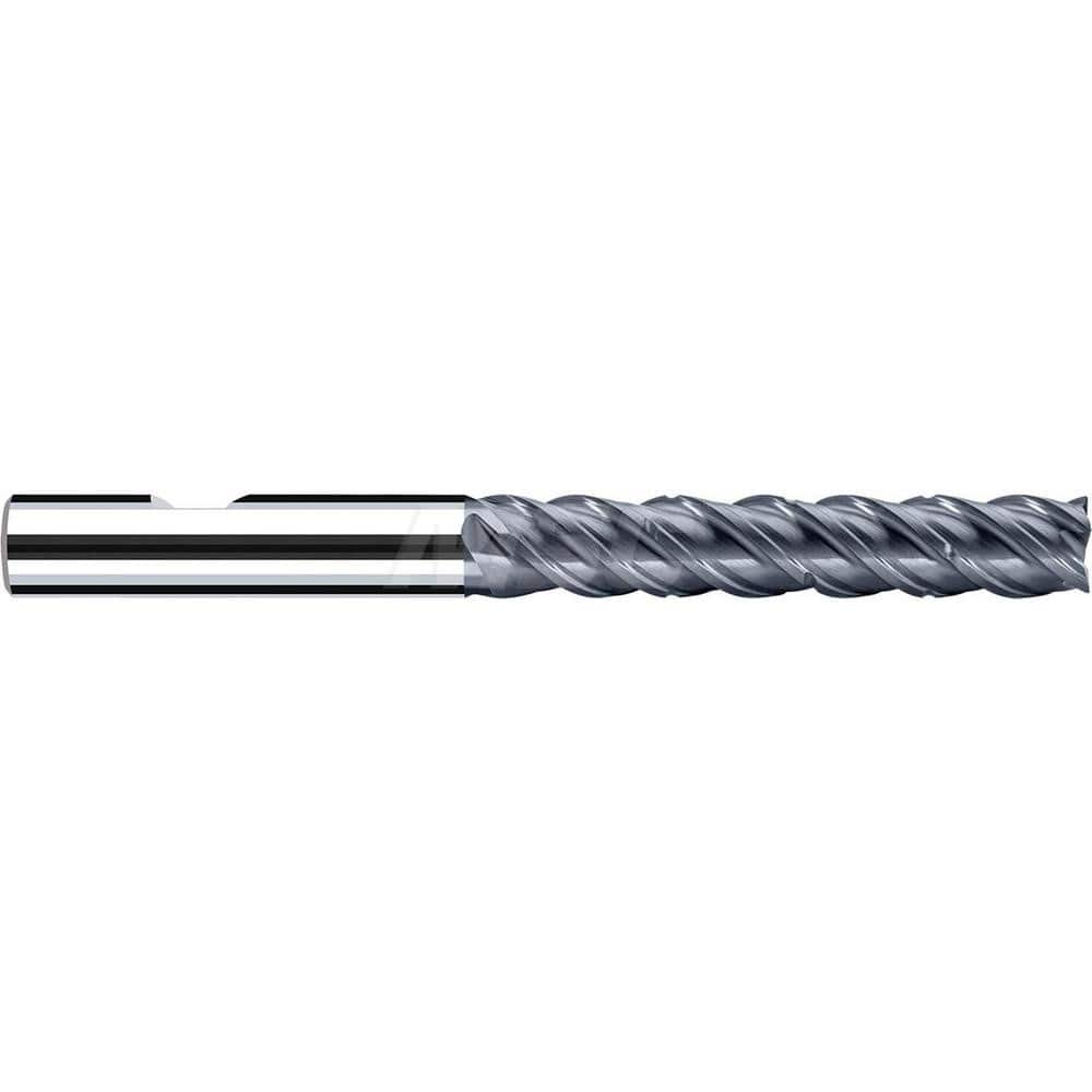 Square End Mill: 5/8'' Dia, 3-1/4'' LOC, 5/8'' Shank Dia, 5-1/2'' OAL, 4 Flutes, Solid Carbide Single End, Polychrom Finish, Spiral Flute, 45 ™ Variable Helix, Centercutting, RH Cut, RH Flute, Series E-Cut