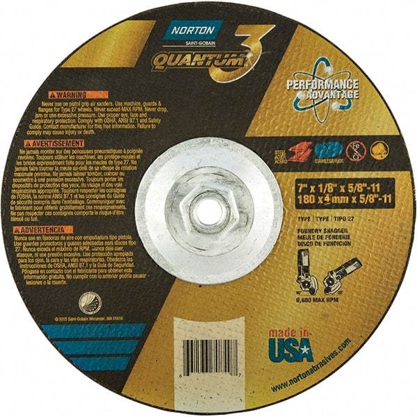 Norton - 24 Grit, 7" Wheel Diam, 1/8" Wheel Thickness, 5/8" Arbor Hole, Type 27 Depressed Center Wheel - Coarse Grade, Ceramic, Resinoid Bond, 8,600 Max RPM - Benchmark Tooling