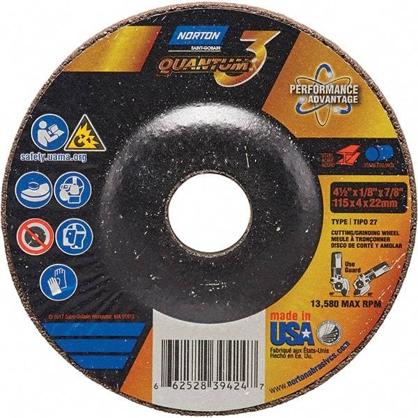 Norton - 24 Grit, 4-1/2" Wheel Diam, 1/8" Wheel Thickness, 7/8" Arbor Hole, Type 27 Depressed Center Wheel - Coarse Grade, Ceramic, Resinoid Bond, 13,580 Max RPM - Benchmark Tooling