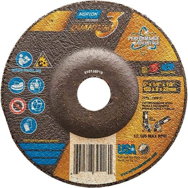 Norton - 24 Grit, 6" Wheel Diam, 1/8" Wheel Thickness, 7/8" Arbor Hole, Type 27 Depressed Center Wheel - Coarse Grade, Ceramic, Resinoid Bond, 10,185 Max RPM - Benchmark Tooling