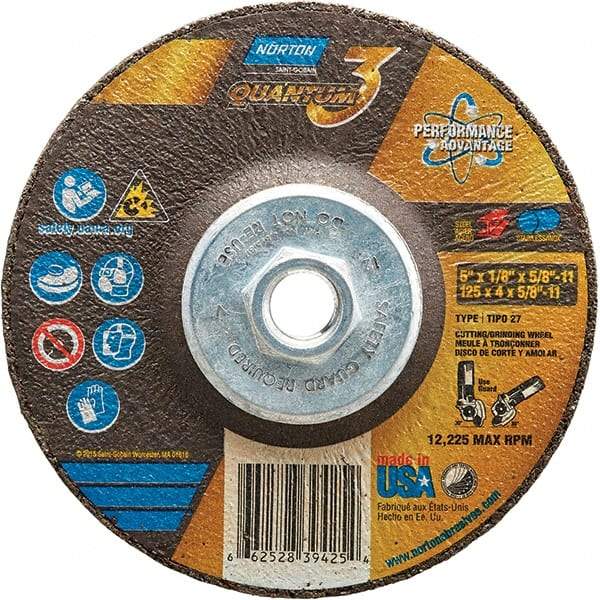 Norton - 24 Grit, 5" Wheel Diam, 1/8" Wheel Thickness, 5/8" Arbor Hole, Type 27 Depressed Center Wheel - Coarse Grade, Ceramic, Resinoid Bond, 12,225 Max RPM - Benchmark Tooling