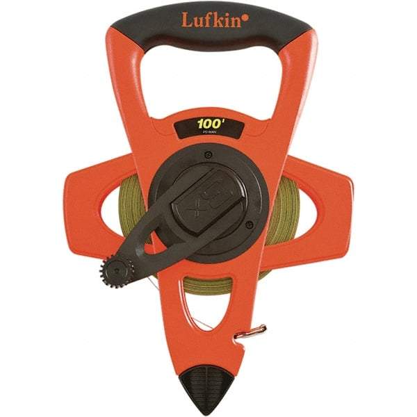 Lufkin - 200' x 1/2" Yellow Steel Blade Tape Measure - 1, 1/10 & 1/100" Graduation, Inch Graduation Style, Orange/Black Vinyl Clad Steel Case - Benchmark Tooling