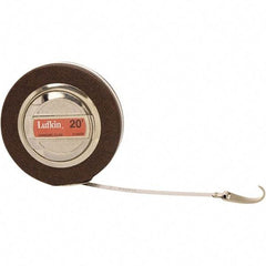 Lufkin - 20' x 3/8" White Steel Blade Tape Measure - 1, 1/10 & 1/100" Graduation, Inch Graduation Style, Brown Vinyl Clad Steel Case - Benchmark Tooling