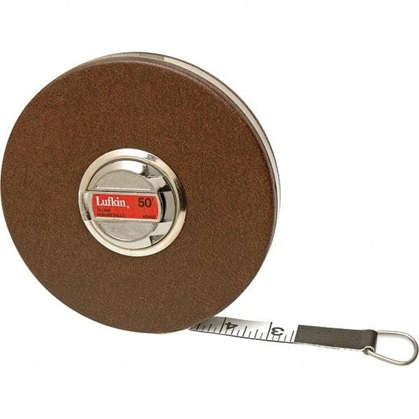 Lufkin - 100' x 5/8" White Fiberglass Blade Tape Measure - 1/10' Graduation, Inch Graduation Style, Brown Vinyl Clad Steel Case - Benchmark Tooling