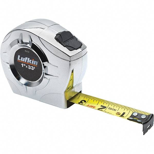 Lufkin - 33' x 1" Yellow Steel Blade Tape Measure - 1/16" & 1/10 & 1/100' Graduation, Inch Graduation Style, Chrome ABS Plastic Case - Benchmark Tooling