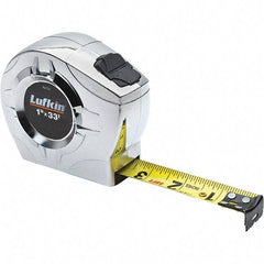 Lufkin - 33' x 1" Yellow Steel Blade Tape Measure - 1/16" & 1/10 & 1/100' Graduation, Inch Graduation Style, Chrome ABS Plastic Case - Benchmark Tooling