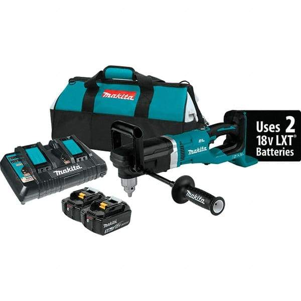 Makita - 36 Volt 1/2" Chuck Right Angle Handle Cordless Drill - 0-1400 RPM, Reversible, 2 Lithium-Ion Batteries Included - Benchmark Tooling