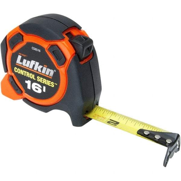 Lufkin - 16' x 3/4" Yellow Steel Blade Tape Measure - 1/8" Graduation, Inch Graduation Style, Orange/Black ABS Plastic Case - Benchmark Tooling