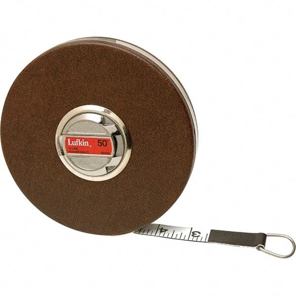 Lufkin - 100' x 5/8" White Fiberglass Blade Tape Measure - 1/10' Graduation, Inch Graduation Style, Brown Vinyl Clad Steel Case - Benchmark Tooling