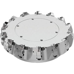 Seco - 250mm Cut Diam, 60mm Arbor Hole, 8mm Max Depth of Cut, 71° Indexable Chamfer & Angle Face Mill - 14 Inserts, SN.. Insert, Right Hand Cut, 14 Flutes, Through Coolant, Series R220.56 - Benchmark Tooling
