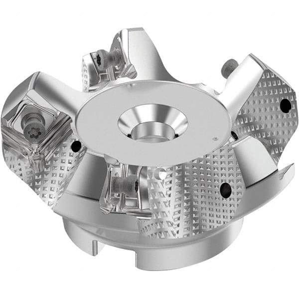 Seco - 2-1/2" Cut Diam, 3/4" Arbor Hole, 0.236" Max Depth of Cut, 48° Indexable Chamfer & Angle Face Mill - 5 Inserts, SN.. Insert, Right Hand Cut, 5 Flutes, Through Coolant, Series R220.54 - Benchmark Tooling