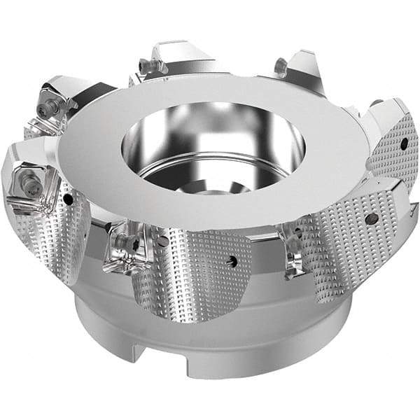 Seco - 5" Cut Diam, 1-1/2" Arbor Hole, 0.315" Max Depth of Cut, 71° Indexable Chamfer & Angle Face Mill - 8 Inserts, SN.. Insert, Right Hand Cut, 8 Flutes, Through Coolant, Series R220.56 - Benchmark Tooling