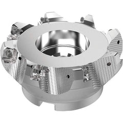 Seco - 125mm Cut Diam, 40mm Arbor Hole, 8mm Max Depth of Cut, 71° Indexable Chamfer & Angle Face Mill - 8 Inserts, SN.. Insert, Right Hand Cut, 8 Flutes, Through Coolant, Series R220.56 - Benchmark Tooling