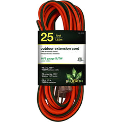 GoGreen Power - Power Cords; Cord Type: Extension Cord ; Overall Length (Feet): 25 ; Cord Color: Orange ; Amperage: 13 ; Voltage: 125 ; Wire Gauge/Number of Conductors: 16/3 - Exact Industrial Supply