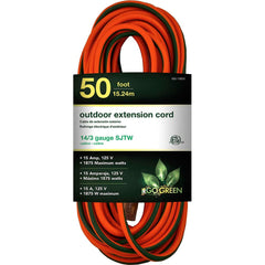 GoGreen Power - Power Cords; Cord Type: Extension Cord ; Overall Length (Feet): 50 ; Cord Color: Orange ; Amperage: 15 ; Voltage: 125 ; Wire Gauge/Number of Conductors: 14/3 - Exact Industrial Supply