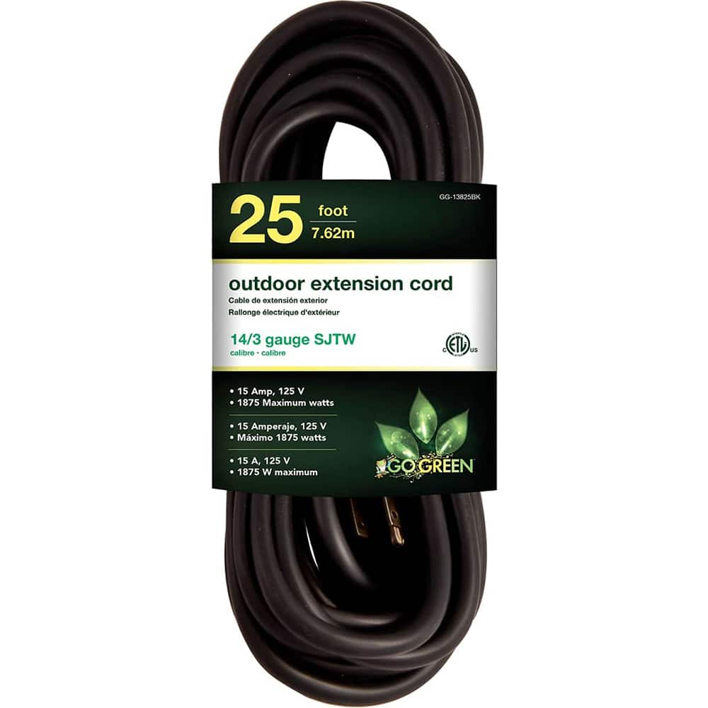 GoGreen Power - Power Cords; Cord Type: Extension Cord ; Overall Length (Feet): 25 ; Cord Color: Black ; Amperage: 15 ; Voltage: 125 ; Wire Gauge/Number of Conductors: 14/3 - Exact Industrial Supply