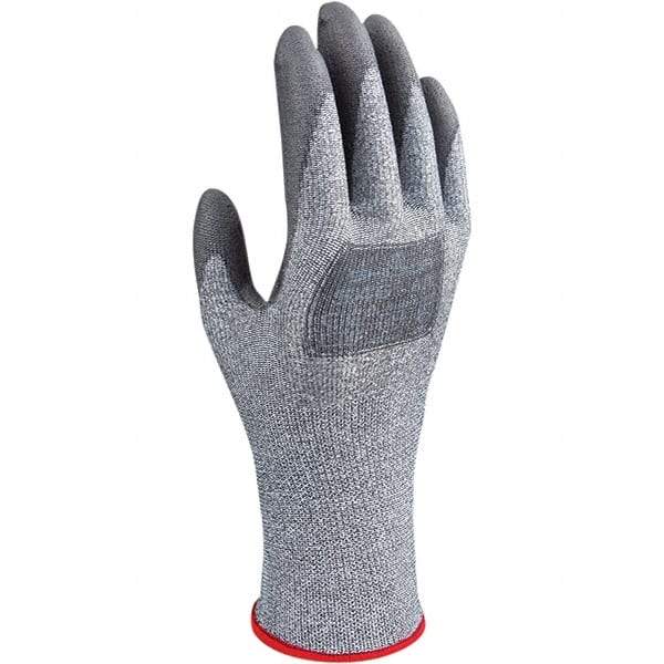 SHOWA - Size S (6), ANSI Cut Lvl A3, Puncture Lvl 2, Abrasion Lvl 4, Polyurethane Coated HPPE/Glass Cut Resistant Gloves - 9" Long, Palm & Fingertips Coated, HPPE & Polyester Lining, Continuous Knit Cuff, Gray/Gray, Paired - Benchmark Tooling
