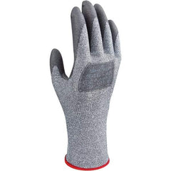 SHOWA - Size S (6), ANSI Cut Lvl A3, Puncture Lvl 2, Abrasion Lvl 4, Polyurethane Coated HPPE/Glass Cut Resistant Gloves - 9" Long, Palm & Fingertips Coated, HPPE & Polyester Lining, Continuous Knit Cuff, Gray/Gray, Paired - Benchmark Tooling