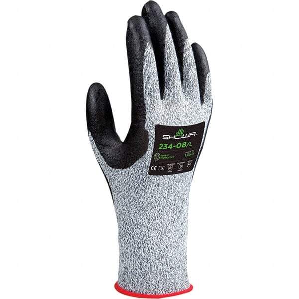 SHOWA - Size S (6), ANSI Cut Lvl A4, Puncture Lvl 2, Abrasion Lvl 4, Foam Nitrile Coated HPPE/Glass Cut Resistant Gloves - 9.5" Long, Palm & Fingertips Coated, Engineered Yarn, HPPE & Spandex Lining, Continuous Knit Cuff, White/Black, Paired - Benchmark Tooling