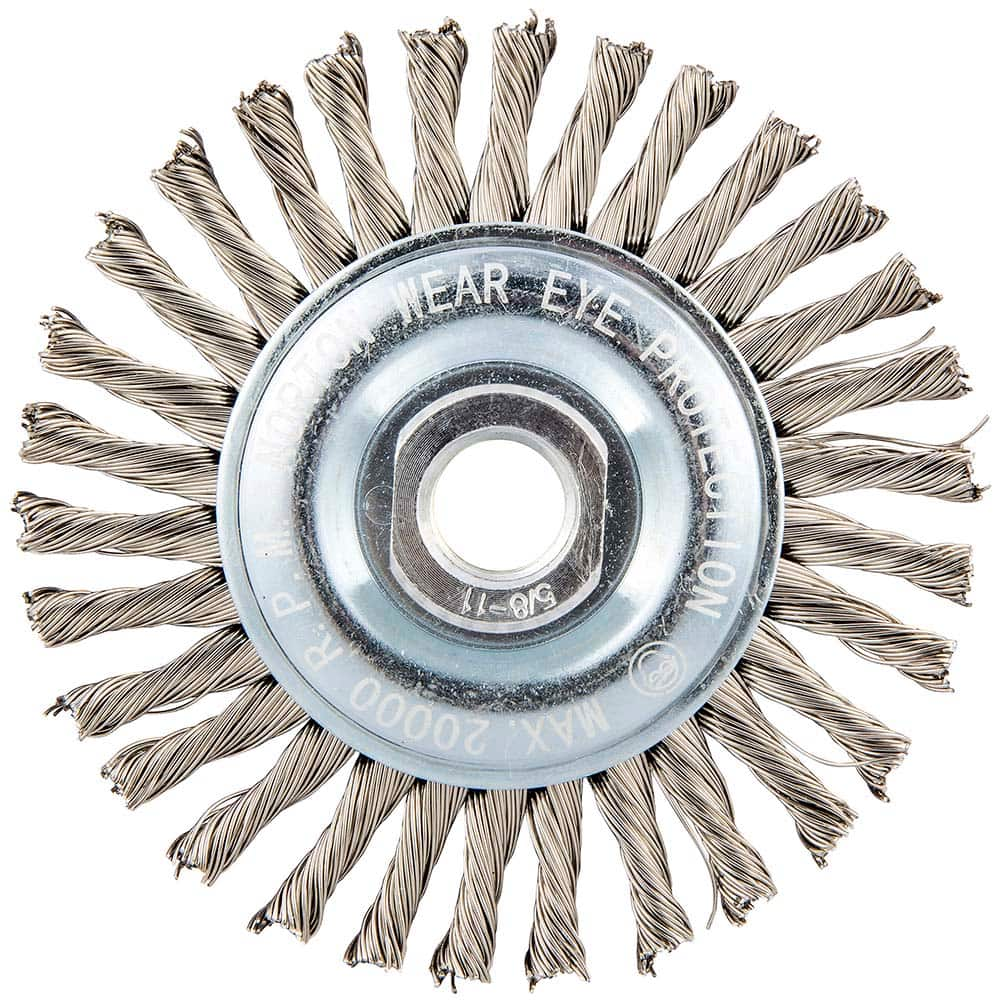 Norton - 4" OD, 5/8-11 Arbor Hole, Stringer Bead Twist Knot Stainless Steel Wheel Brush - Benchmark Tooling