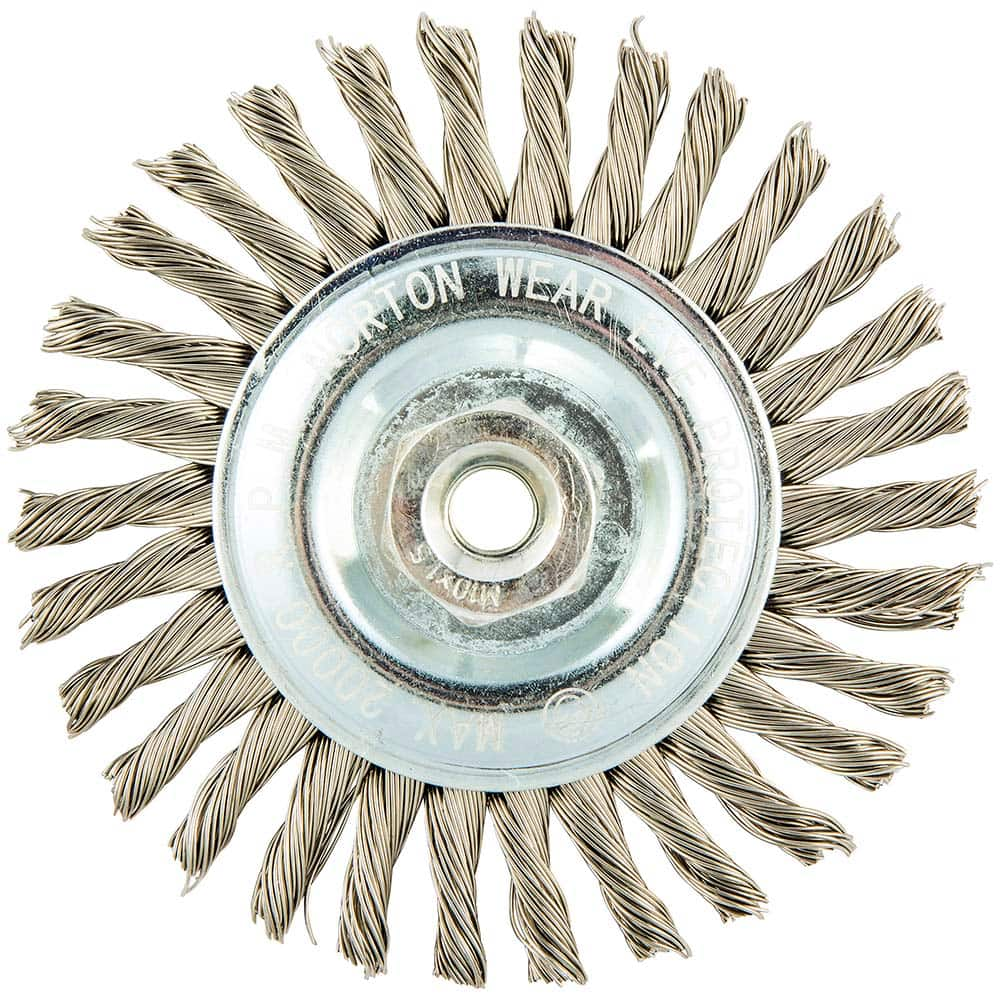 Norton - 4" OD, M10 Arbor Hole, Stringer Bead Twist Knot Stainless Steel Wheel Brush - Benchmark Tooling