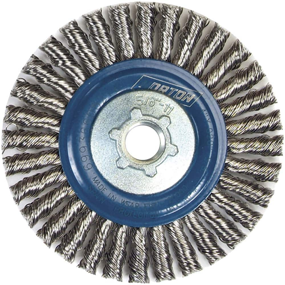 Norton - 4" OD, 5/8-11 Arbor Hole, Stringer Bead Twist Knot Stainless Steel Wheel Brush - Benchmark Tooling