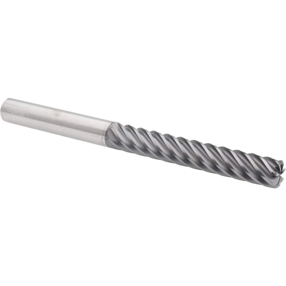 Corner Radius End Mill: 1/2″ Dia, 3-1/4″ LOC, 0.09″ Radius, 7 Flutes, Solid Carbide 6″ OAL, 1/2″ Shank Dia, 38 ° Helix, AlTiCrN Coated, Corner Radius End, Series HS