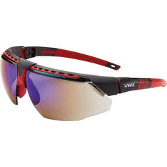 Uvex - Blue Mirror Lenses, Framed Safety Glasses - Scratch Resistant, Red Frame, Adjustable Temples, Size Universal, Wrap Around - Benchmark Tooling