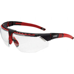 Uvex - Clear Lenses, Framed Safety Glasses - Anti-Fog, Red Frame, Adjustable Temples, Size Universal, Wrap Around - Benchmark Tooling