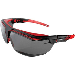 Uvex - Gray Lenses, Framed Safety Glasses - Scratch Resistant, Black/Red Frame, Adjustable Temples, Size Universal, Over the Glasses - Benchmark Tooling