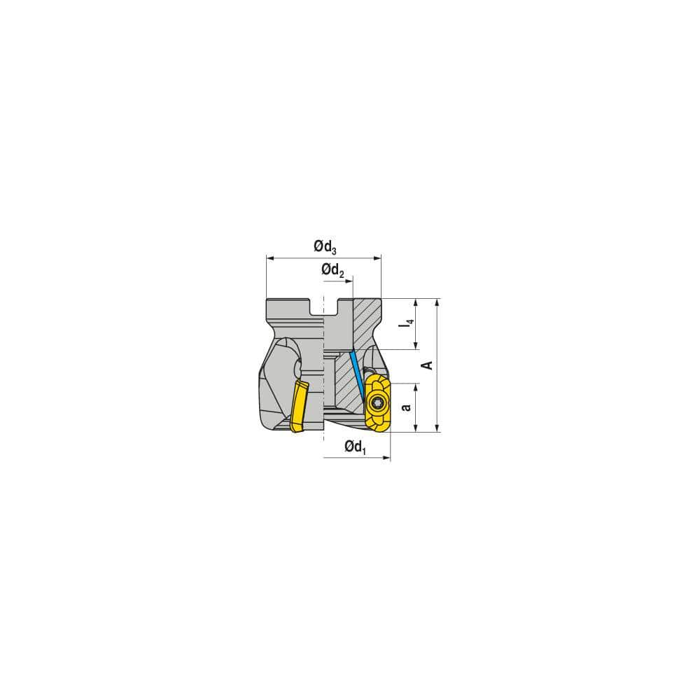 Indexable Square-Shoulder Face Mill:  AHSC150R0411A050175EF,  1-1/2'' Cut Dia,  0.5000″ Arbor Hole Dia,  0.3930″ Max Cutting Depth Uses  4,  XD..11T3 Inserts,  Through Coolant,  Series  AHSC-11