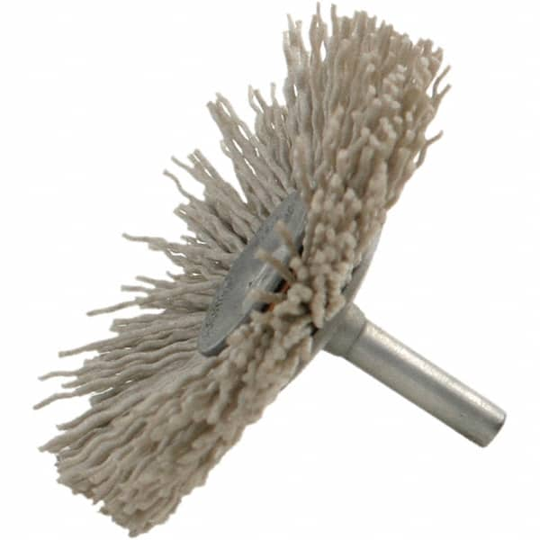 Brush Research Mfg. - 120 Grit, 1-1/2" Brush Diam, Crimped, Flared End Brush - Medium Grade, 1/4" Diam Steel Shank, 2,500 Max RPM - Benchmark Tooling